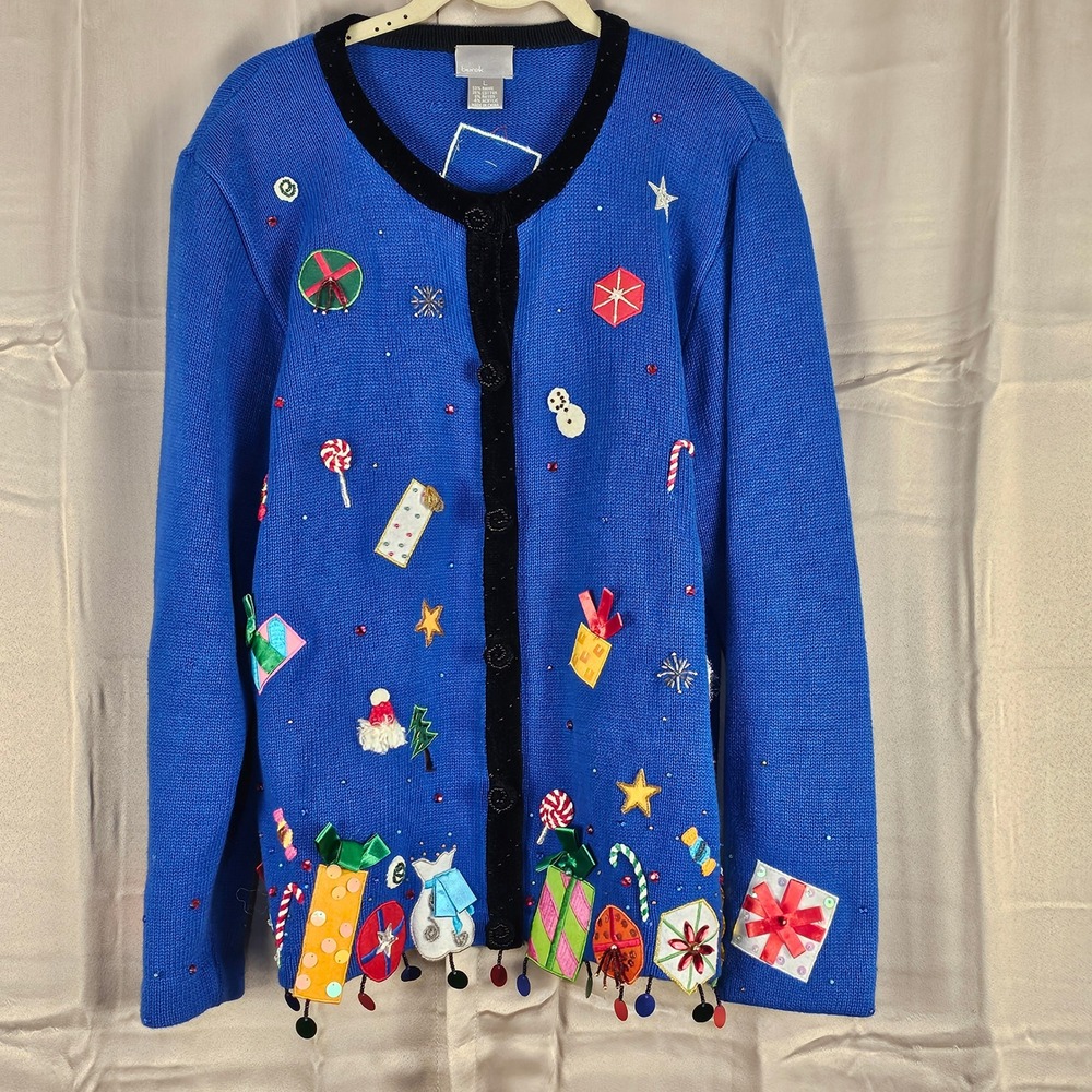 Berek Womens Blue‎ Embellished Christmas Cardigan Sweater Large